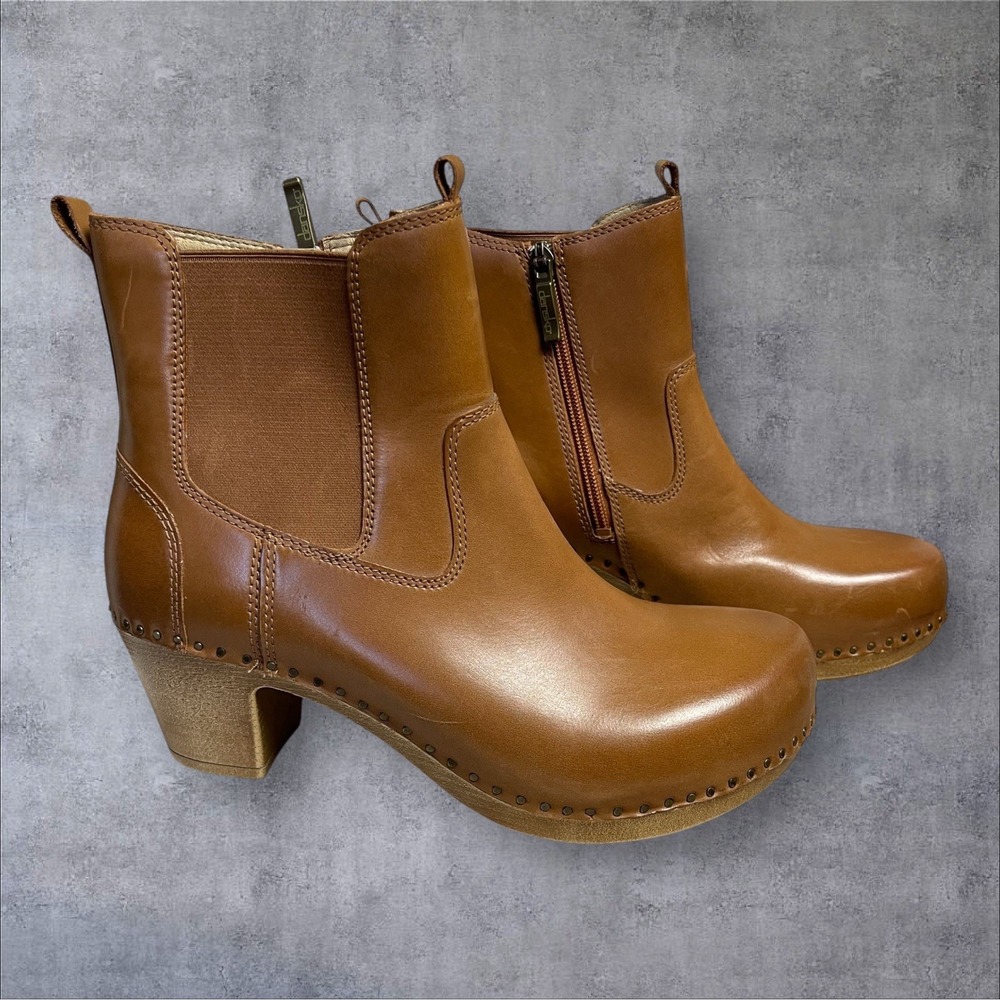 Dansko Shayna Luggage Burnished Calf Zip-Up Heeled Boots Womens 40 US 9.5-10